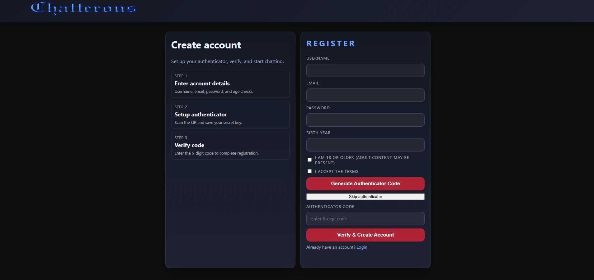 Chatterous register preview